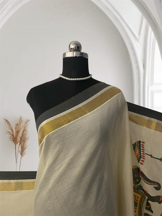 Airavath Kerala Cotton Set Mund Elephant Design with Black Border
