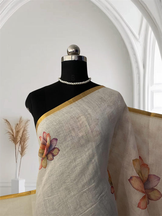 Jamanthi Ivory Petals Premium Semi-Linen Saree