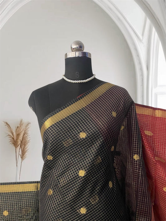 Chandana Black Checks with Butta Chanderi Silk Saree