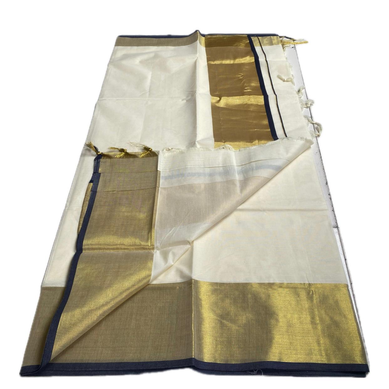 Geetham Cotton Set Saree with high-shine traditional zari border Blue