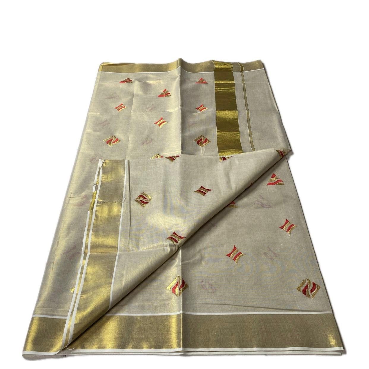 Kerala Tissue Saree with Golden Zari Border & Butterfly Motifs Red