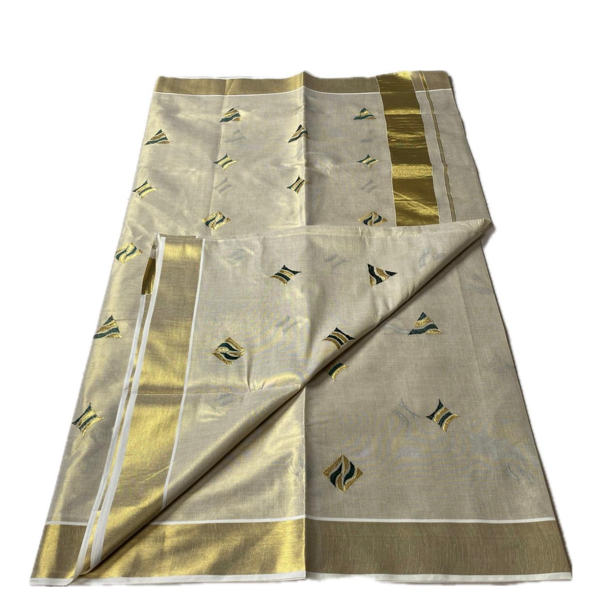Kerala Tissue Saree with Golden Zari Border & Butterfly Motifs Green