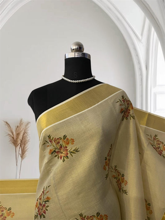 Floral Printed Plain Tissue Saree with Golden Zari Border
