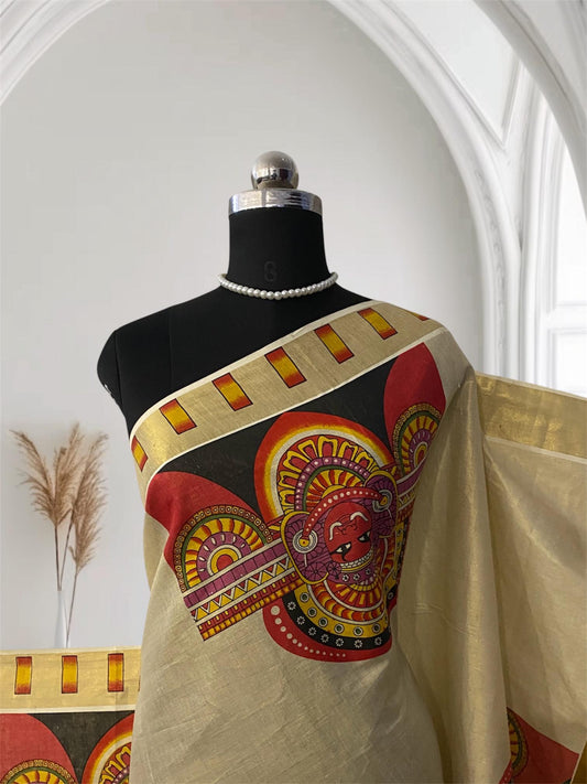 Theyyam Traditional Art Print Tissue Kerala Kasavu Saree