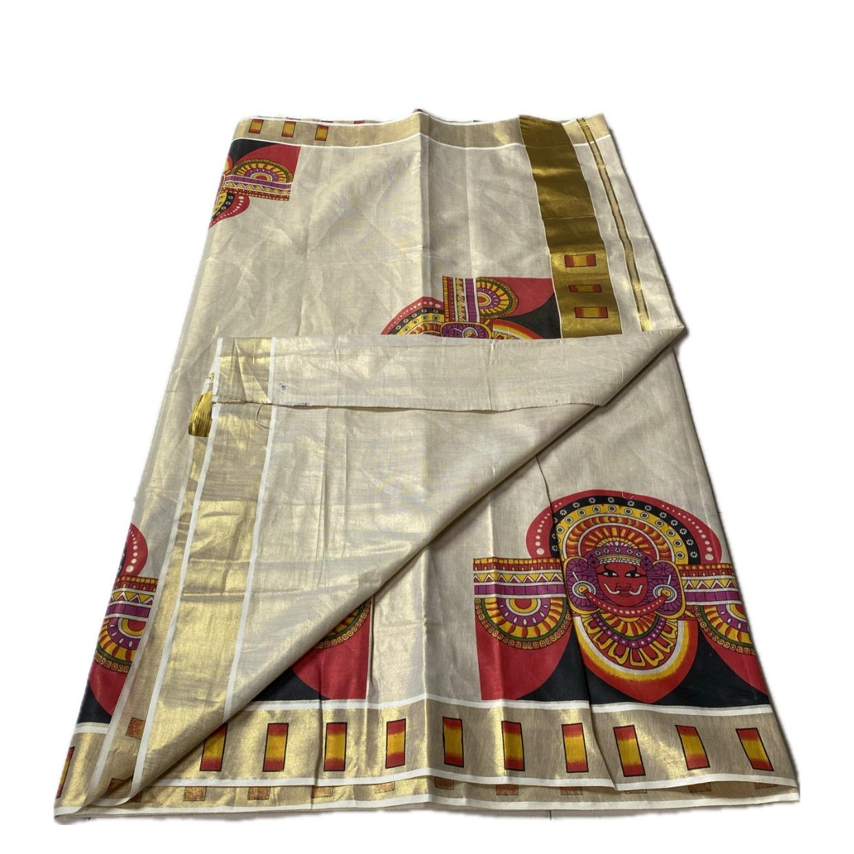 Theyyam Traditional Art Print Tissue Kerala Kasavu Saree