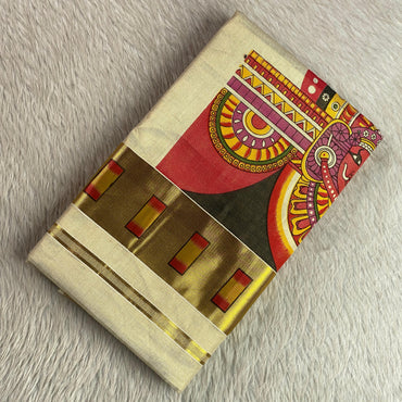 Theyyam Traditional Art Print Tissue Kerala Kasavu Saree