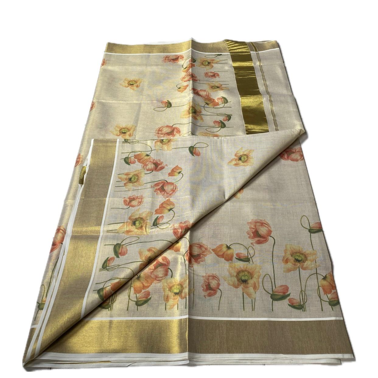 Golden Tissue Kasavu Saree with Soft Floral Print