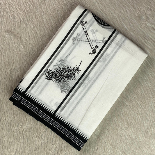 Onam Special Edition Black Printed Krishna & Flute Motif Cotton Kerala Mundu