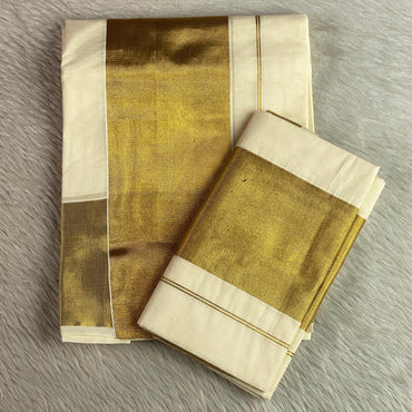 Traditional Kerala Cotton Kasavu Saree with Festive Blouse Combo
