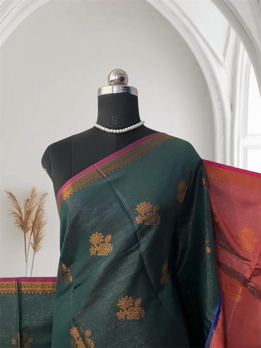 Kanjivaram Style Green Silk Saree with Metallic Contrast Pallu