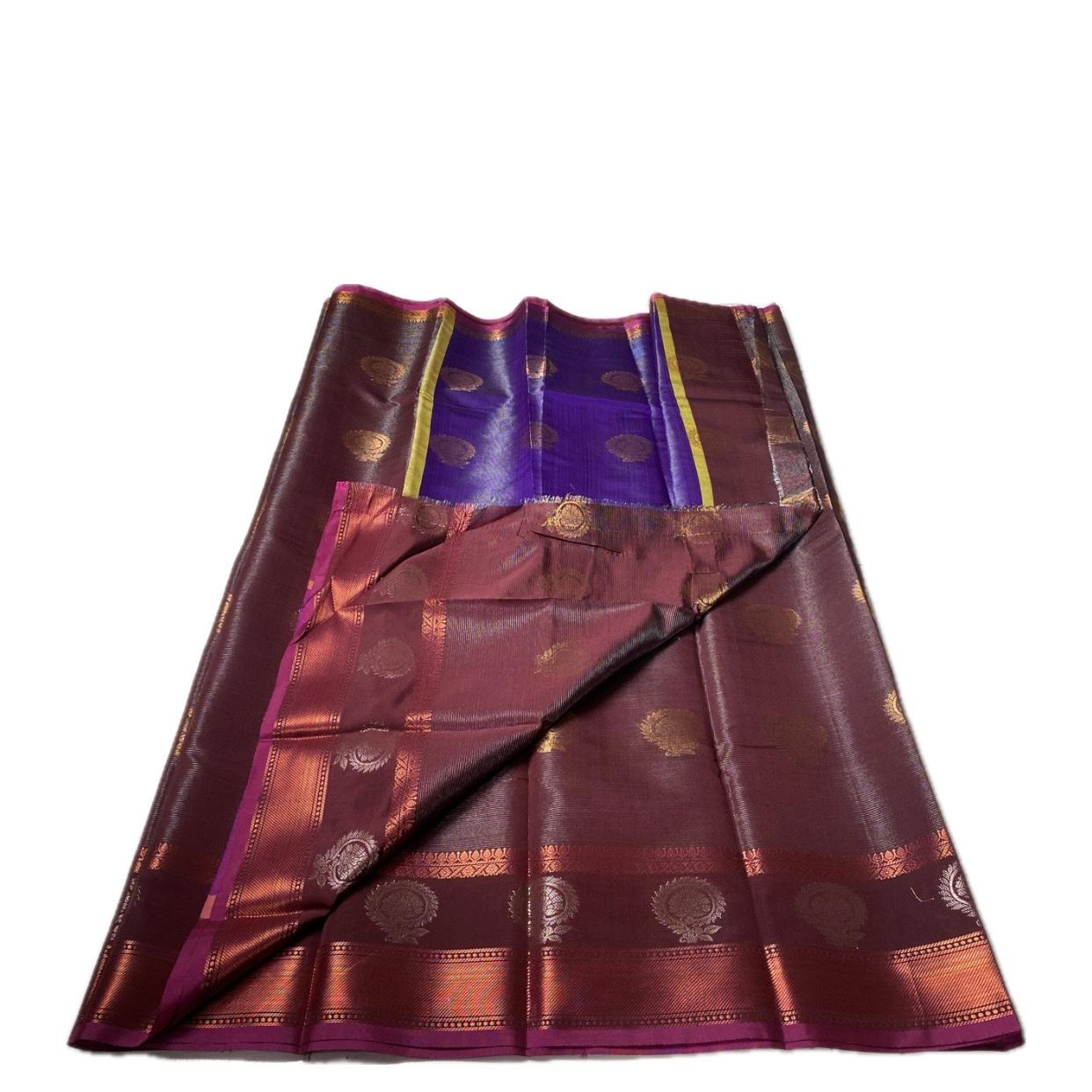 Kanjivaram Style Brown Silk Saree with Blue Contrast Pallu