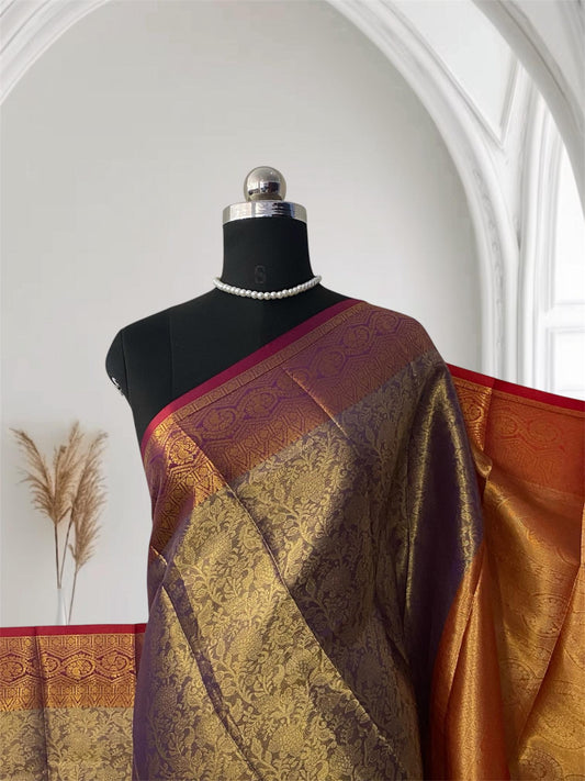 Panchali Warm Golden Glow Brocade Semi Silk saree in Violet