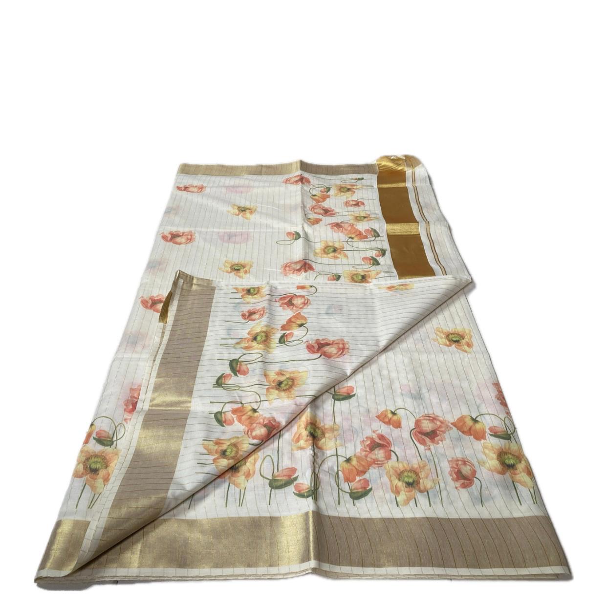 Golden Tissue Kasavu Saree with Lines and Soft Floral Print