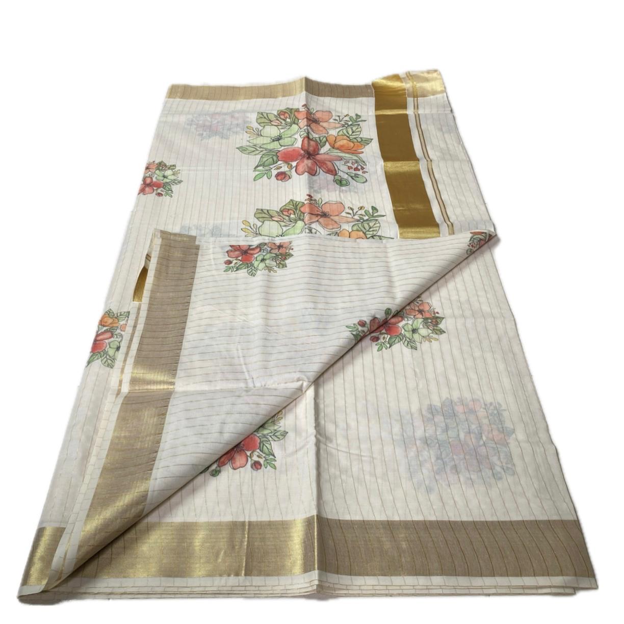 Chethi Floral Striped Kasavu Tissue Saree