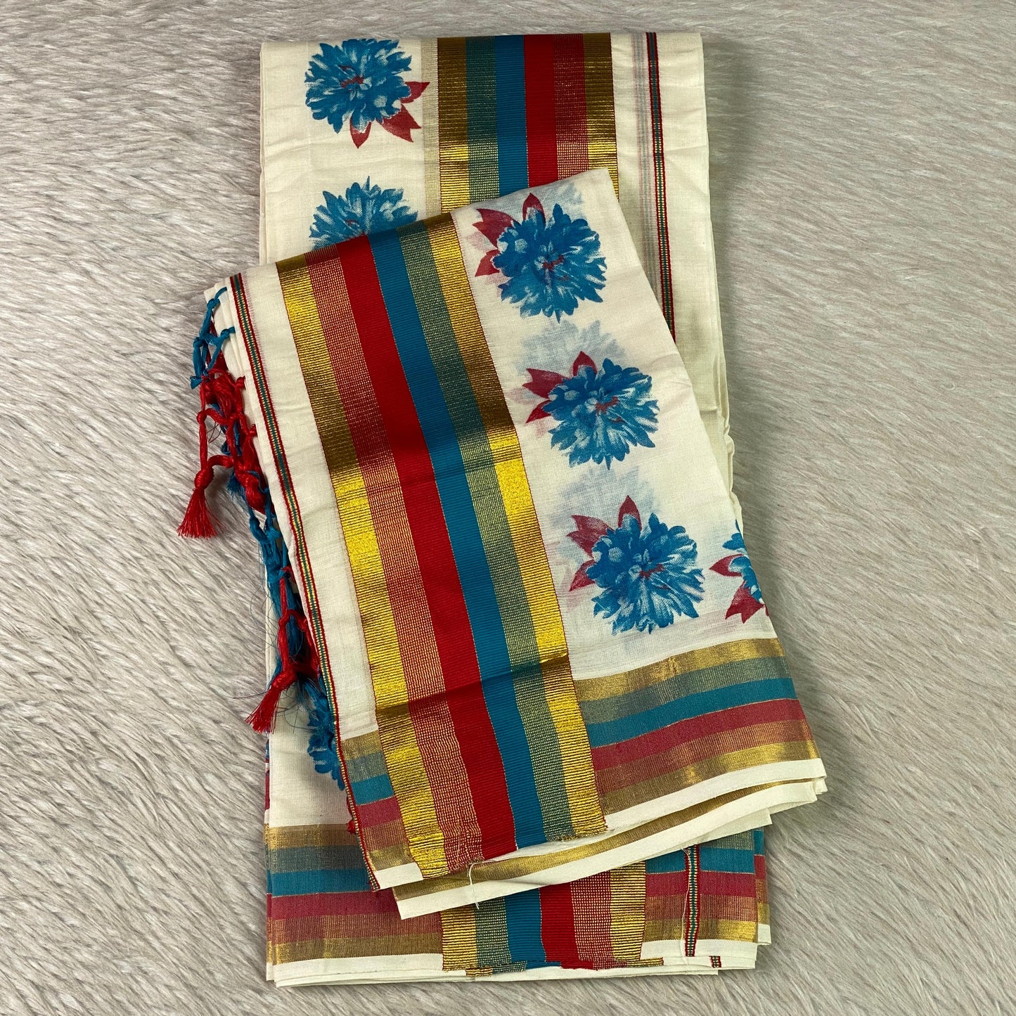 Multi-Striped Blue Daliya Cotton Floral Set Mundu
