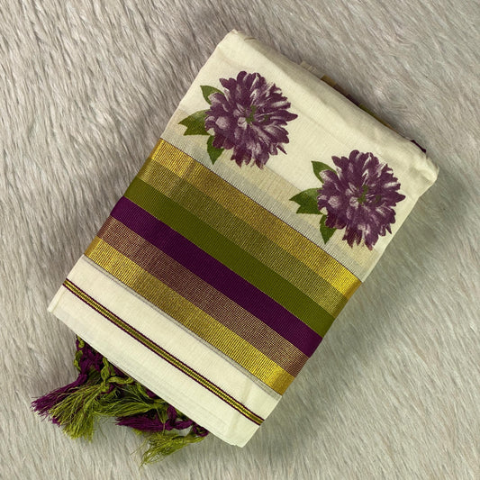 Purple Daliya Floral Kasavu Cotton Set Mundu