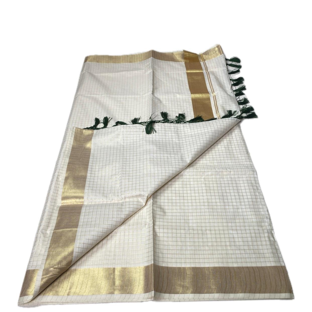 Off-White Cotton Checkered Kerala Saree with Gold Zari Border & Green Tassels