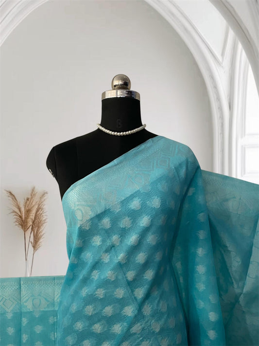 Sukanya Sky Blue Cotton Floral Butta Saree