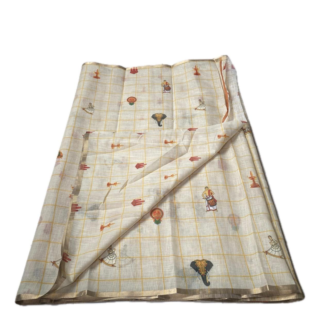 Off-White Printed Kasavu Cotton Saree – Traditional Heritage Collection