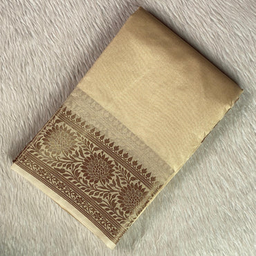 Golden Silk Saree with Floral Motif Zari Border Chikku