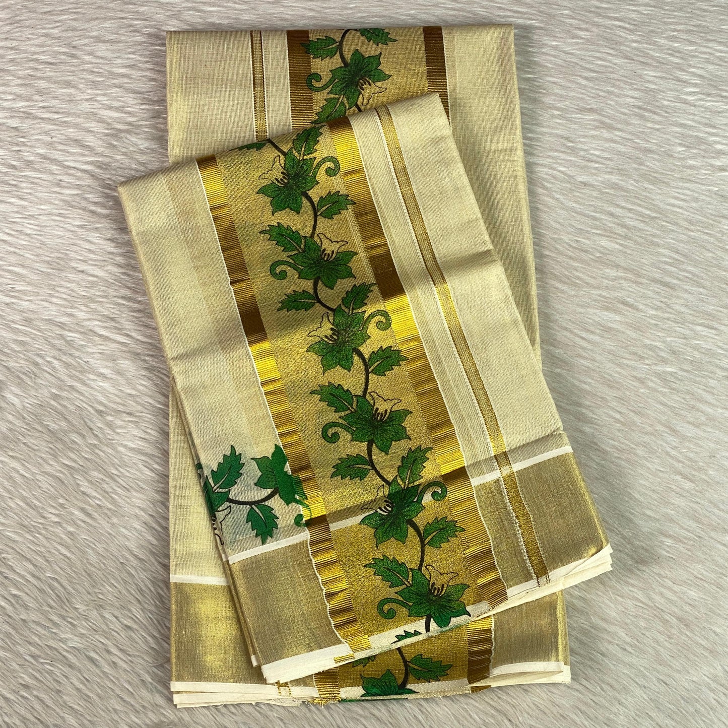 Golden Tissue Set Mundu - Leaf & Floral Kasavu