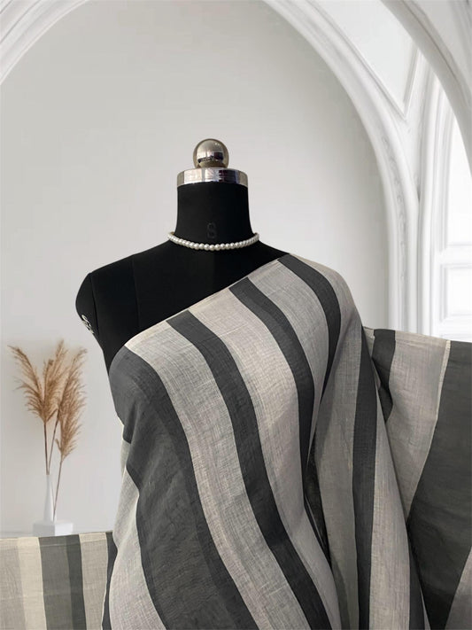 Anugraha Minimalist Grey Striped Semi Linen Saree (Dress Code)