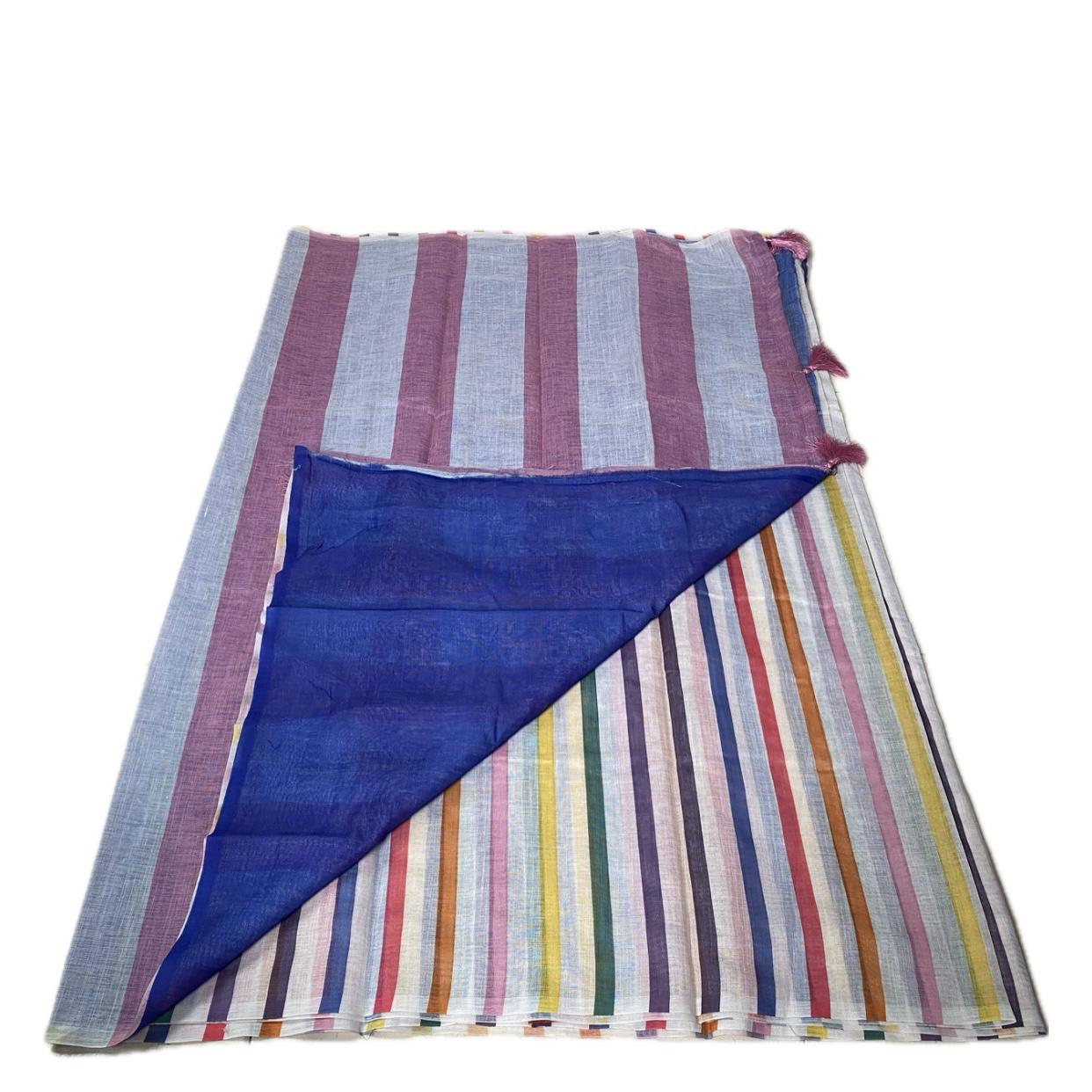 Anugraha Candy Striped Semi Linen Saree with Blue Pallu (Dress Code)