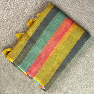Anugraha Sunrise Striped Semi Linen Saree in Yellow