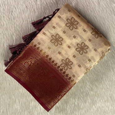 Chandhni Georgette Banarasi Saree in Chikku with Contrast Brown Border