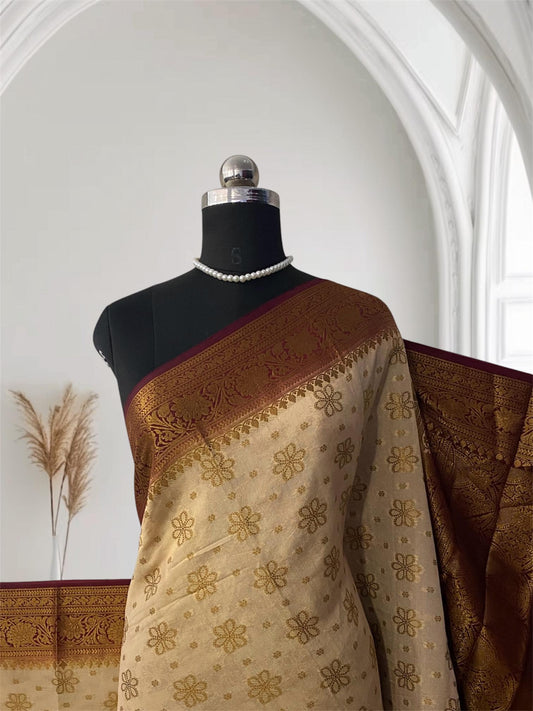 Chandhni Georgette Banarasi Saree in Chikku with Contrast Brown Border