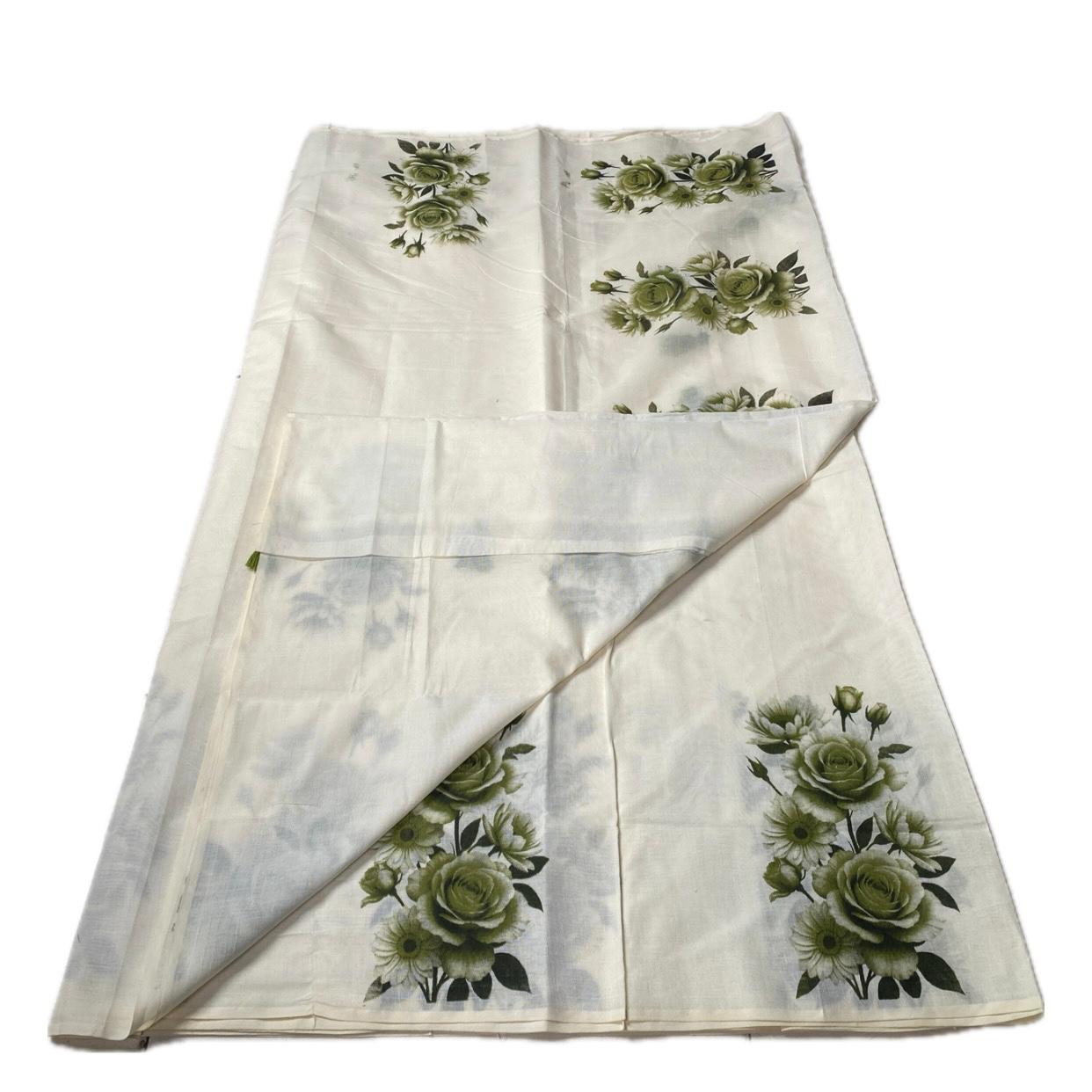 Nirmalyam Semi Linen Cotton Saree with Green Floral Print
