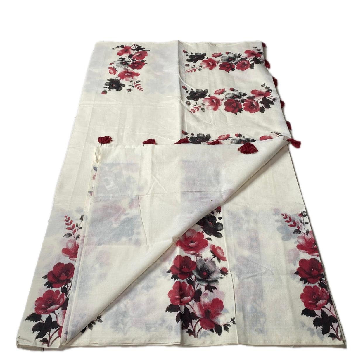 Nirmalyam Semi Linen Cotton Saree with Red Floral Print
