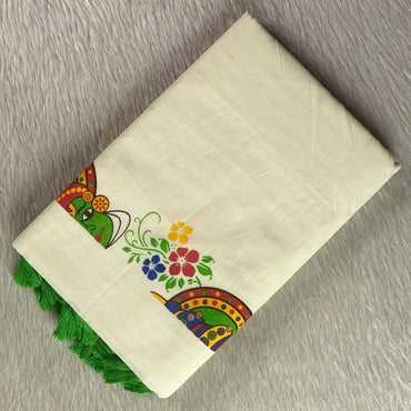 Kerala Cotton Kasavu Saree with Kathakali Mural Art Print