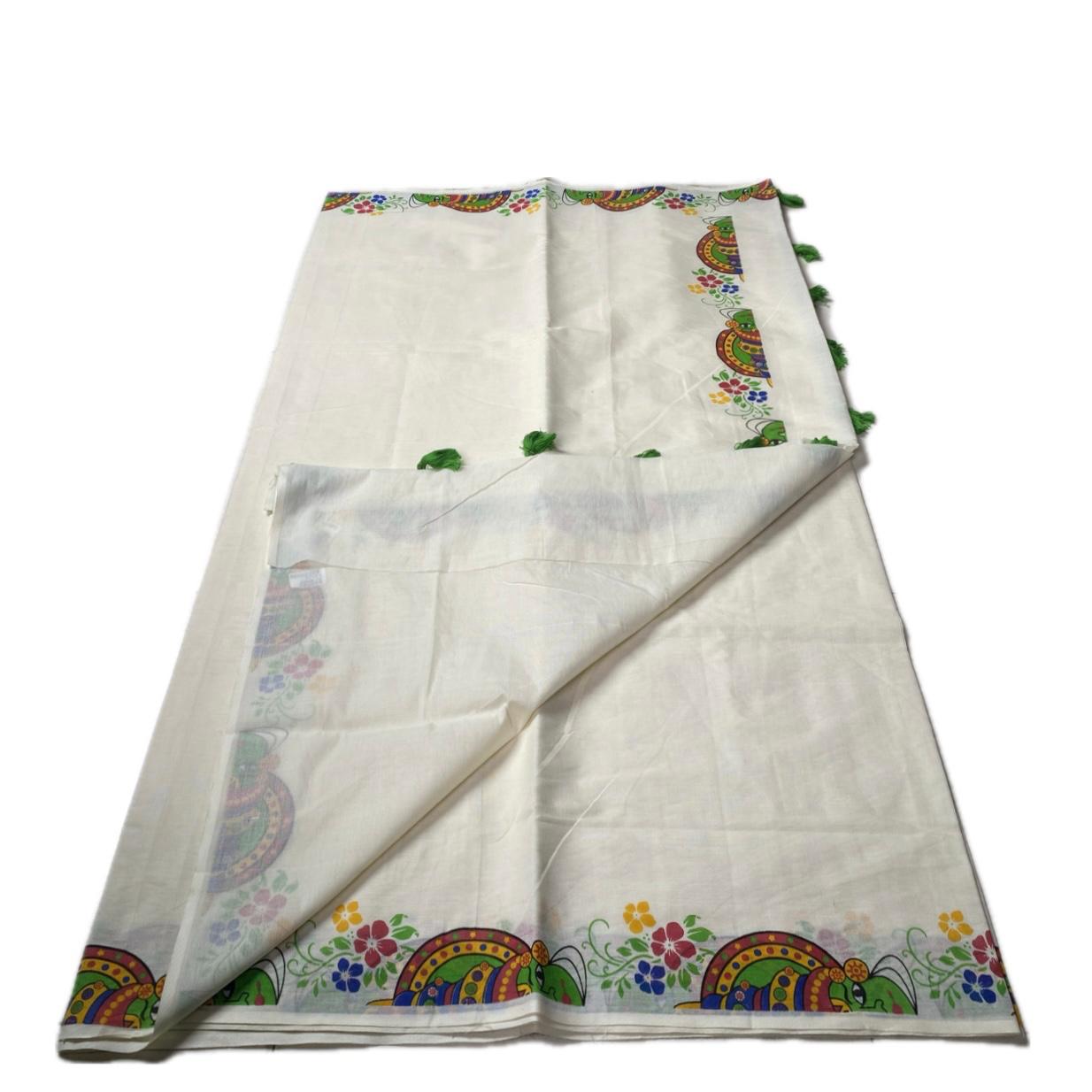 Kerala Cotton Kasavu Saree with Kathakali Mural Art Print