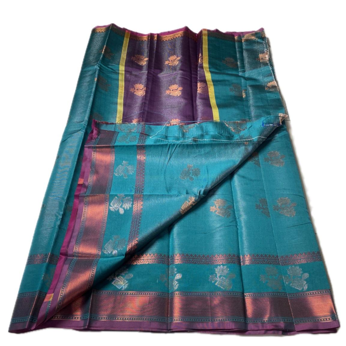 Swetha Kanjivaram Style Blue Silk Saree with Metallic Contrast Pallu