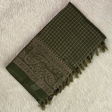 Kashmiri Silk Saree in Checks Green