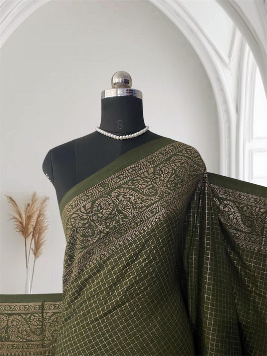 Kashmiri Silk Saree in Checks Green