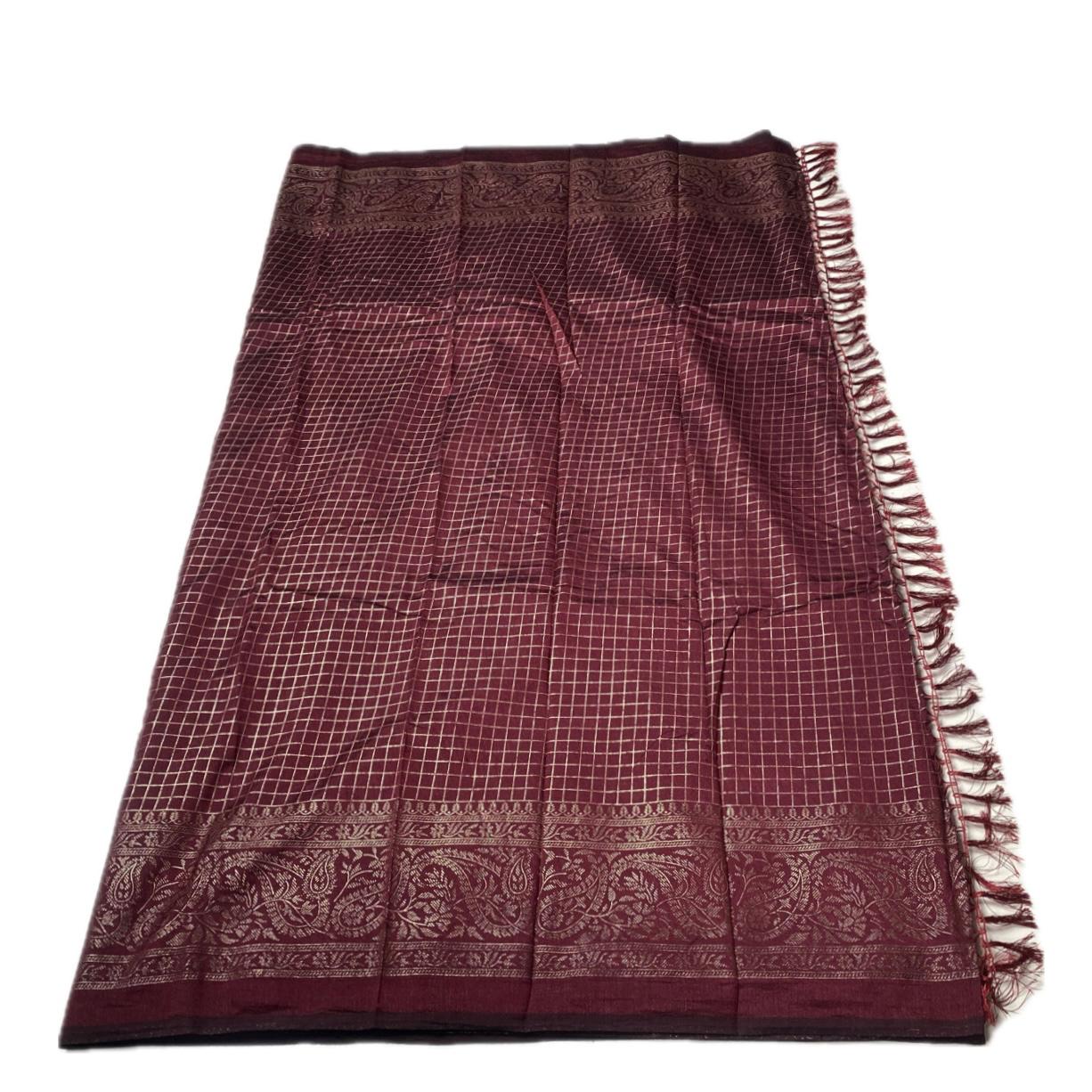 Kashmiri Silk Saree in Checks Brown