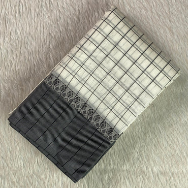 Off-White & Charcoal Grid Chanderi Cotton Saree