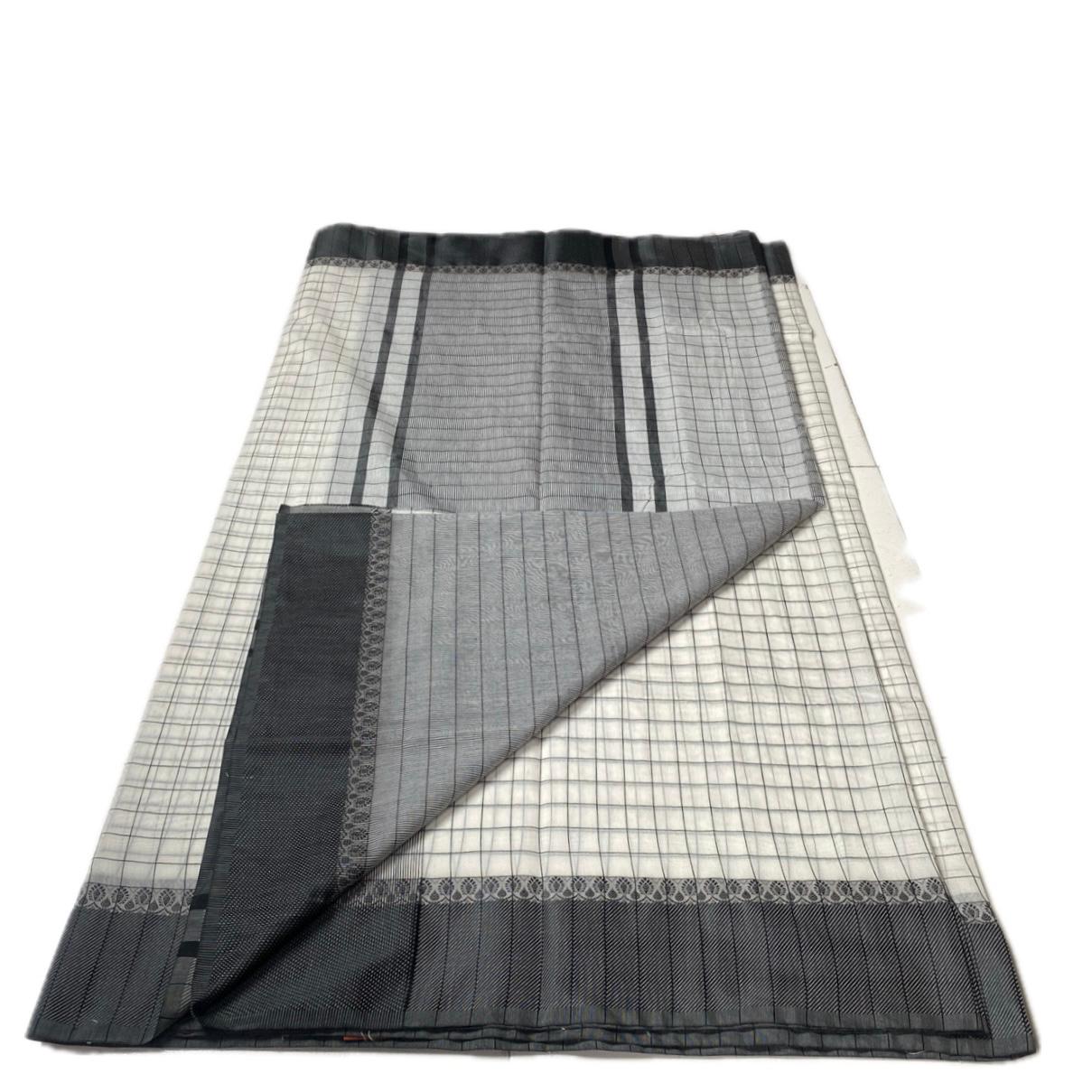 Off-White & Charcoal Grid Chanderi Cotton Saree