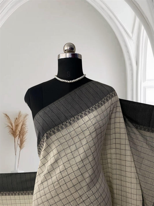 Off-White & Charcoal Grid Chanderi Cotton Saree