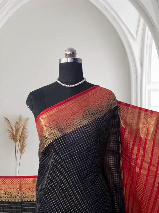 Pure Georgette Banarasi Saree in Checks and Contrast Border Black