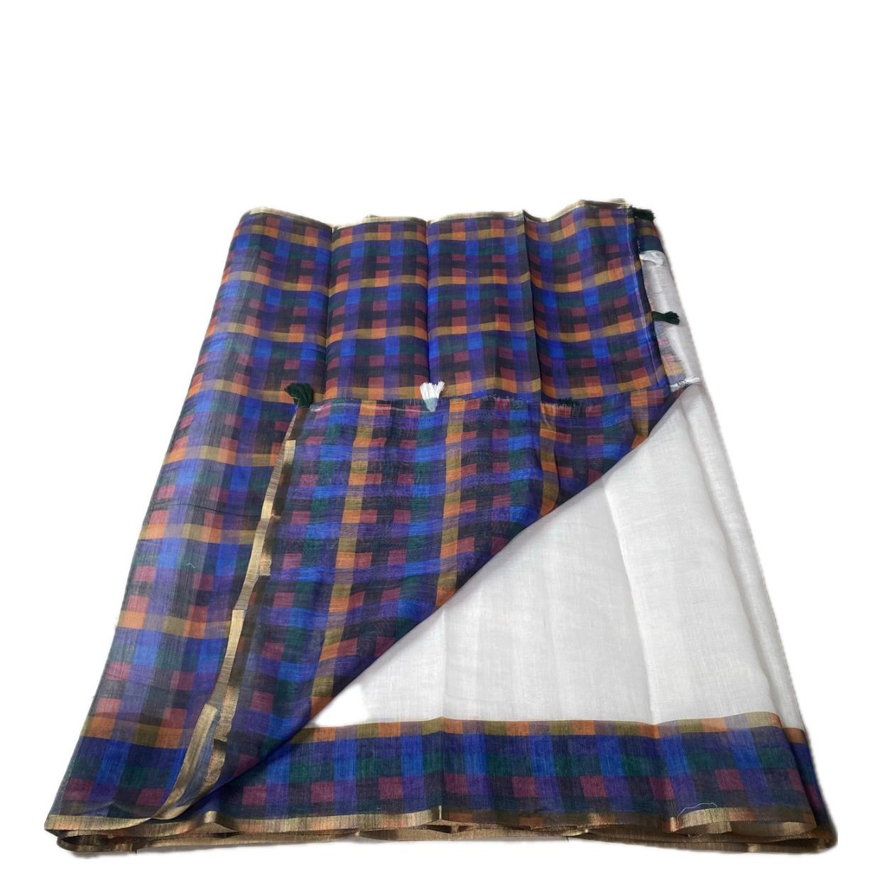 Blue Madras Check Semi Linen Saree ✨
