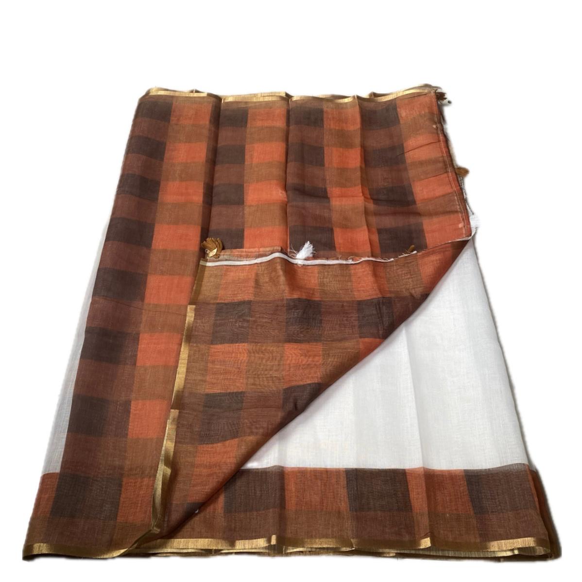 Rust Madras Check Semi Linen Saree ✨