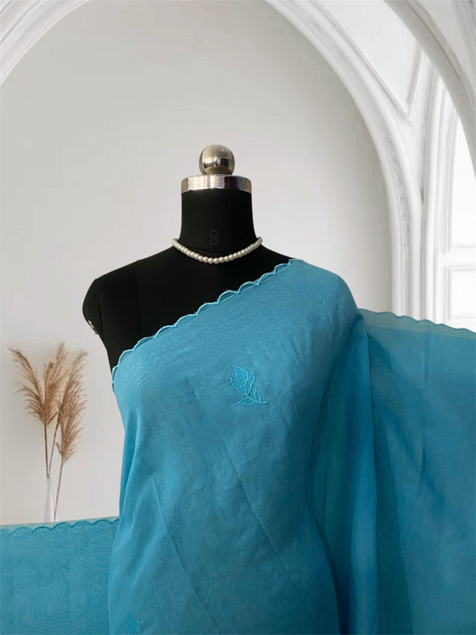 Floral Embroidary Chanderi Cotton Blue
