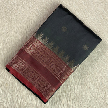 Black Semi Silk Saree with Golden Zari Buttas & Maroon Zari Border