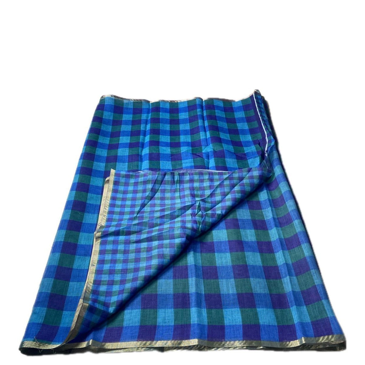 Vibrant Blue & Green Checkered Soft Cotton Saree