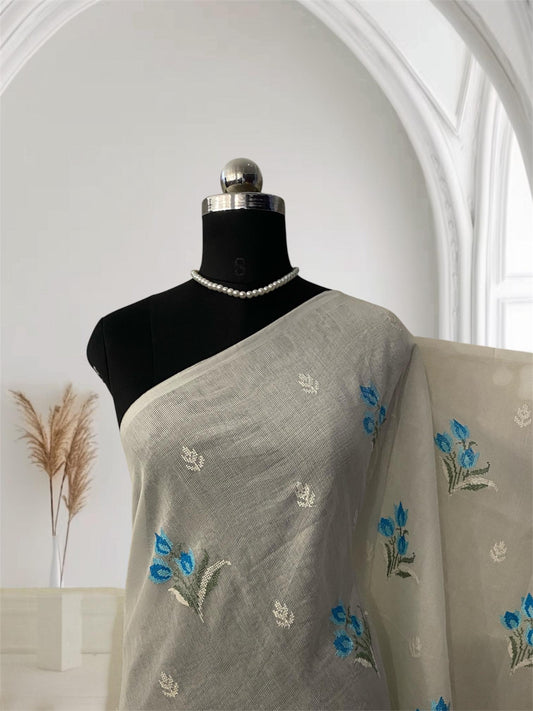 🪶 Pure Feather White Cotton Silk Saree with Blue Floral Embroidery 🪶