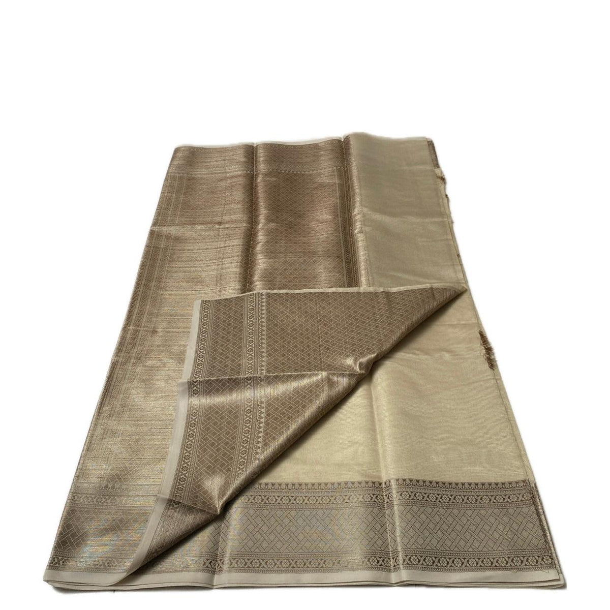 Golden Silk Saree with Geometric Motif Zari Border Chikku