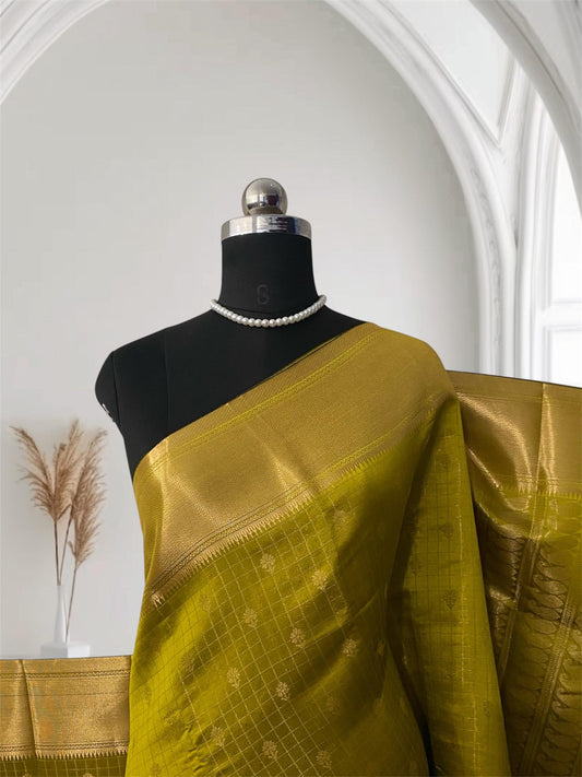 Radhima Olive Green Royal Checks Silk Saree with Golden Zari